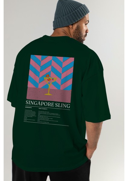Singapore Sling Kokteyl Serisi Arka Baskılı Oversize T-Shirt Erkek Kadın %100 Pamuk Bisiklet Yaka Tişort