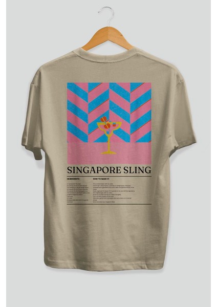 Singapore Sling Kokteyl Serisi Arka Baskılı Oversize T-Shirt Erkek Kadın %100 Pamuk Bisiklet Yaka Tişort fiyatları