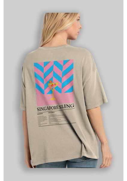 Singapore Sling Kokteyl Serisi Arka Baskılı Oversize T-Shirt Erkek Kadın %100 Pamuk Bisiklet Yaka Tişort modelleri