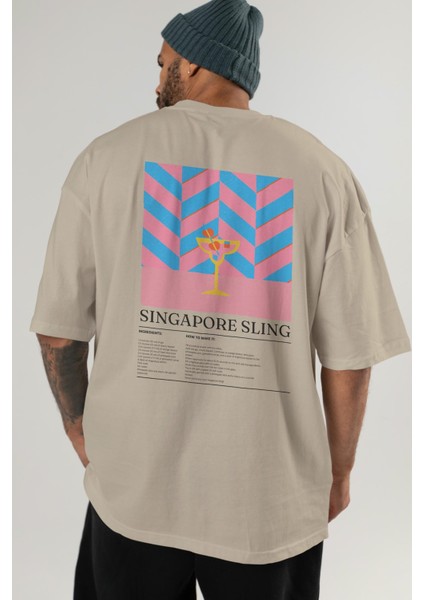 Singapore Sling Kokteyl Serisi Arka Baskılı Oversize T-Shirt Erkek Kadın %100 Pamuk Bisiklet Yaka Tişort indirimleri