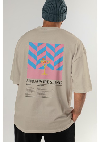 Singapore Sling Kokteyl Serisi Arka Baskılı Oversize T-Shirt Erkek Kadın %100 Pamuk Bisiklet Yaka Tişort
