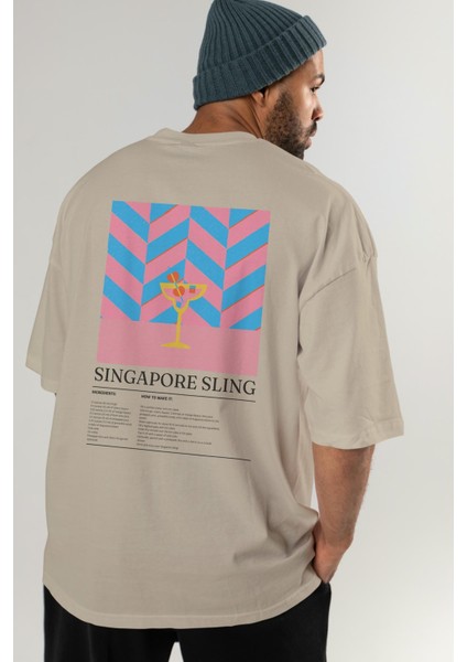 Singapore Sling Kokteyl Serisi Arka Baskılı Oversize T-Shirt Erkek Kadın %100 Pamuk Bisiklet Yaka Tişort