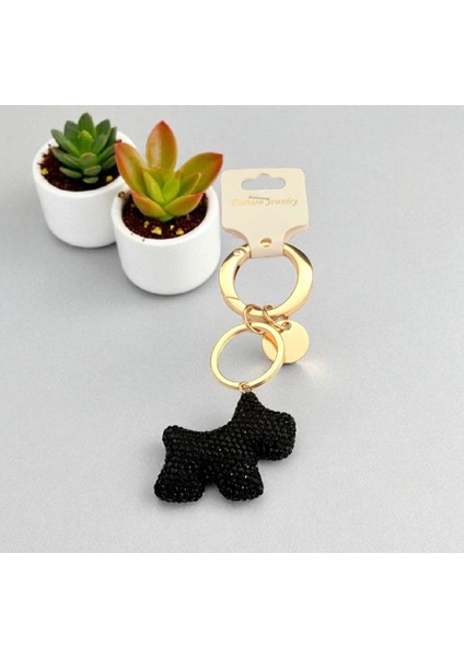 Köpek Figürlü Siyah Taşlı Çanta Süsü ve Anahtarlık