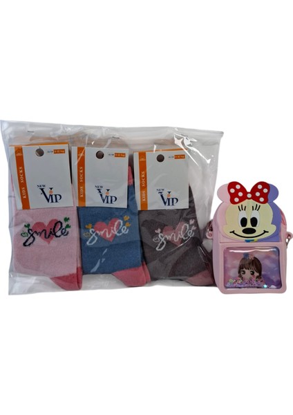 Kız Çocuk Mini Mouse Anime Figürlü Çanta Model Vip 3 Renk Model Çorap 4 Lü Set fiyatları