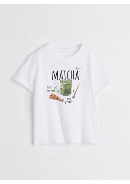 Matcha Baskılı Bisiklet Yaka Basic Kadın T-Shirt