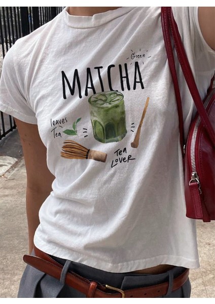 Matcha Baskılı Bisiklet Yaka Basic Kadın T-Shirt fiyatları