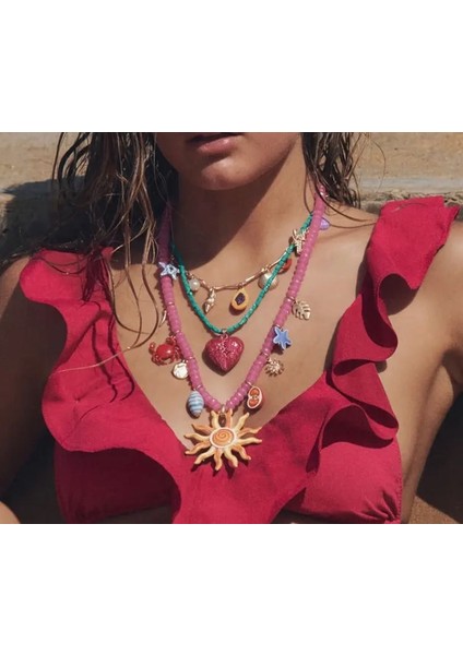 3’lü Renkli Yaz Temalı Kolye Seti – Deniz Kabuklu, Charm Detaylı, Ayarlanabilir