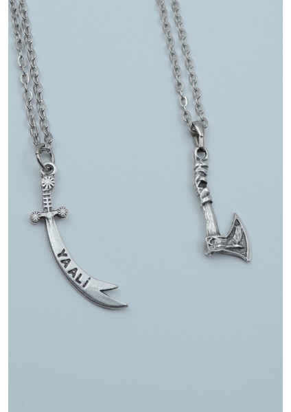 2'li Ya Ali Kılıç Viking Balta Gümüş Kaplama Kolye Seti