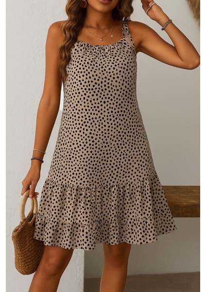 Kadın Boyundan Askılı Desenli Fırfırlı Süprem Elbise fiyatları