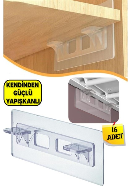 Kuvvetli Yapışkanlı Şeffaf Raf Tutacağı Ayağı 16 Lı Destek Aparatı