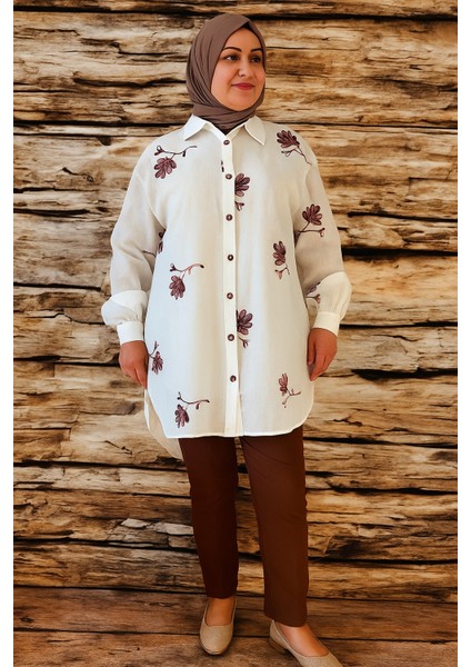 Süzeneli Çiçek Işlemeli Beyaz Pamuk Gömlek