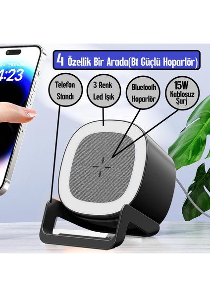 15W Kablosuz Şarj/bluetooth Hoparlör/3 Renk LED Işık/telefon Standı/dokunmatik Butonlu 4 Özellik Bir Arada