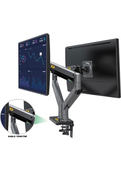 NBG35 Çift Monitör Ultra Geniş Tam Hareketli Gazyaylı 22-32 Inç Uyumlu Ayarlanabilir Monitör Standı