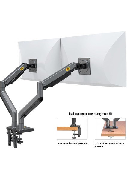 NBG35 Çift Monitör Ultra Geniş Tam Hareketli Gazyaylı 22-32 Inç Uyumlu Ayarlanabilir Monitör Standı modelleri