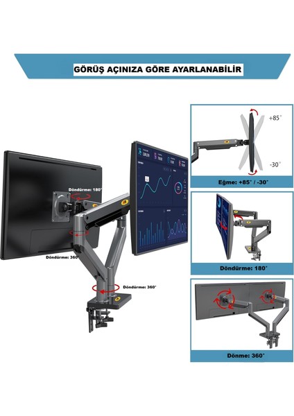 NBG35 Çift Monitör Ultra Geniş Tam Hareketli Gazyaylı 22-32 Inç Uyumlu Ayarlanabilir Monitör Standı fırsatları