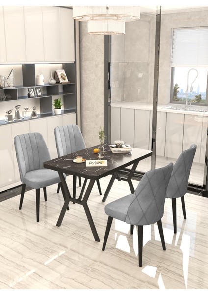 Rina 70x110 cm Siyah Mutfak Masası, Masa Sandalye Takımı, Masa Takımı, 4 Gri Sandalye