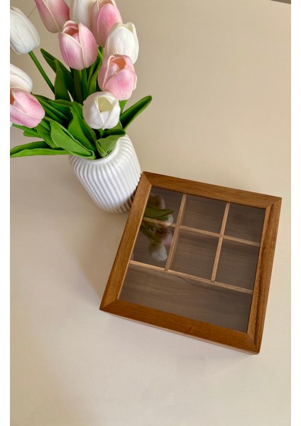 Akasya Bölmeli Çay Kutusu - Bölmeli Takı Kutusu Organizer -20.7X20.7X6.5 cm