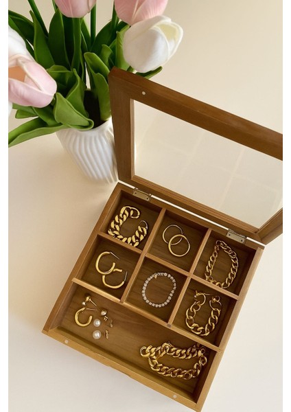 Akasya Bölmeli Çay Kutusu - Bölmeli Takı Kutusu Organizer -20.7X20.7X6.5 cm fırsatları