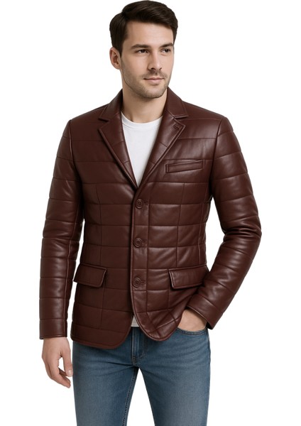Silva Hakiki Deri Tafta Erkek Bordo Şişme Blazer Ceket