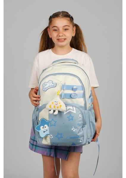 Waddell Lisanslı Mavi Yıldız Desenli Günlük Sırt Çantası,peluş Oyuncak Hediyeli Okul Sırt Çantası modelleri
