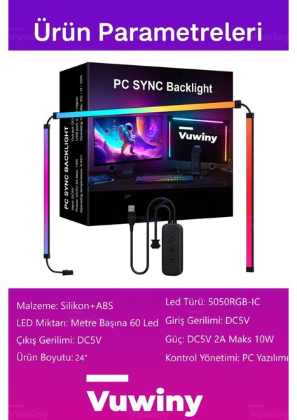 Bilgisayar Monitör Görüntüye Duyarlı Sync Neon Ambilight LED Aydınlatma (24" Inç)