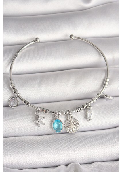 Pirinç Gümüş Renk Sallantı Pusula Figür Kalp Detay Charm Kadın Bileklik