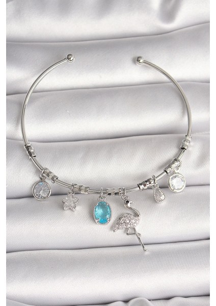 Pirinç Gümüş Renk Sallantı Zirkon Taşlı Filaminga Figür Charm Kadın Bileklik