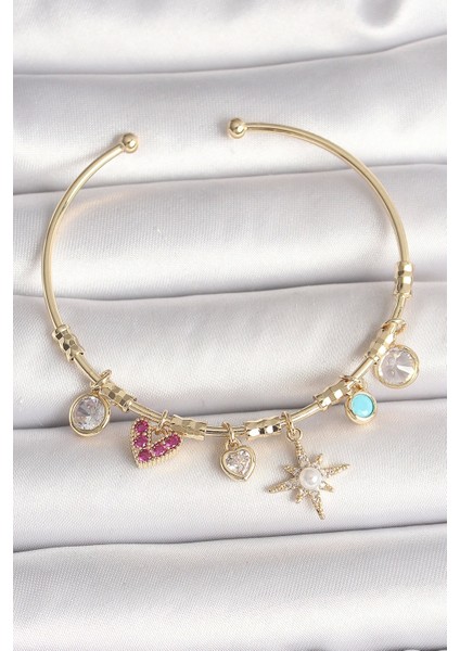 Pirinç Gold Renk Zirkon Taşlı Sallantı Kutup Yıldız Figür Inci Detay Charm Kadın Bileklik