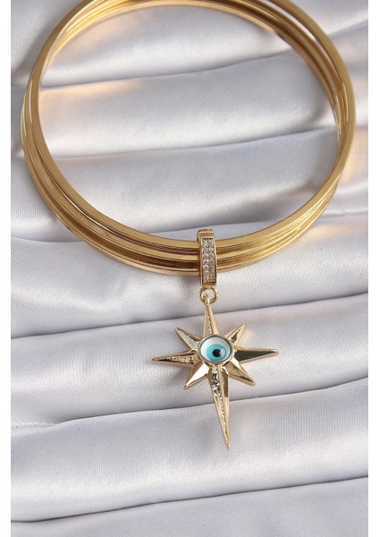 Pirinç Gold Renk Zirkon Taşlı Kutup Yıldızı Nazar Boncuk Detay Ajda Charm fiyatları