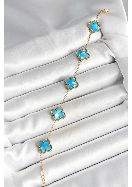 316L Çelik Sedefli Gökyüzü Mavisi Gold Renk Yonca Kadın Bileklik fiyatları