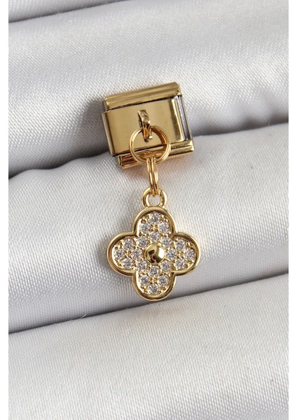 316L Çelik Sallantılı Zirkon Taşlı Yonca Model Gold Renk Nomination Charm
