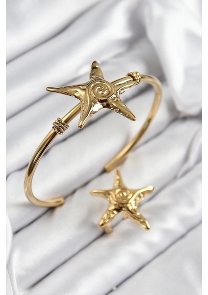 Pirinç Deniz Yıldızı Model Gold Renk Bileklik Yüzük Set