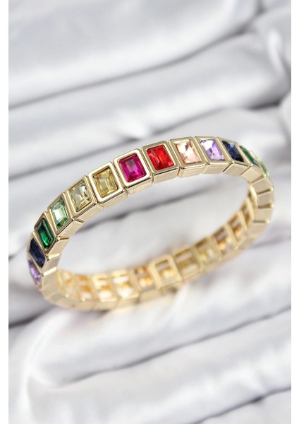 Pirinç Karışık Zirkon Taşlı Dikdörtgen Model Gold Renk Lastikli Kadın Bileklik