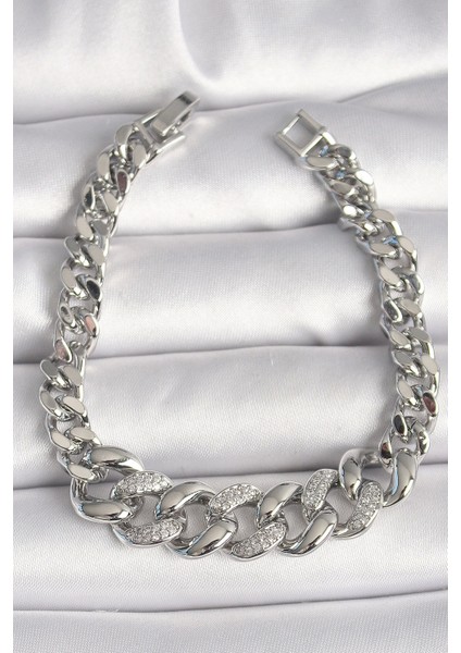 Pirinç Gümüş Renk Zirkon Taşlı Kalın Halka Model Kadın Bileklik