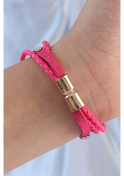Pembe Renk Zirkon Taşlı Deri Çoklu Bileklik fiyatları