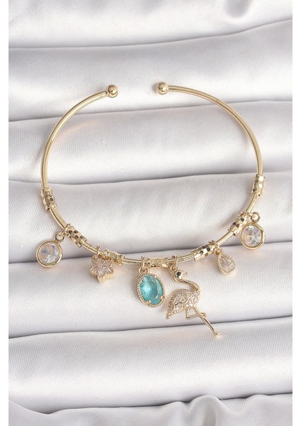 Pirinç Gold Renk Zirkon Taşlı Sallantı Filamingo Figür Charm Kadın Bileklik