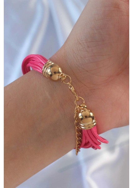 Pembe Renk Zirkon Taşlı Metal Aksesuarlı Ipli Çoklu Bileklik fiyatları