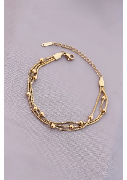 316L Kararmaz Çelik Gold Renk Top Zincirli Kadın Bileklik
