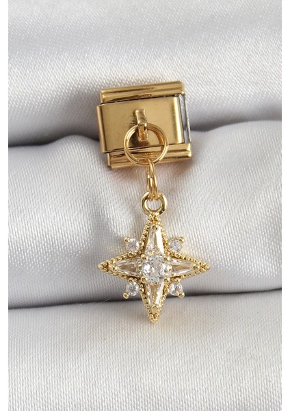 316L Çelik Sallantılı Zirkon Taşlı Kutup Yıldızı Model Gold Renk Nomination Charm