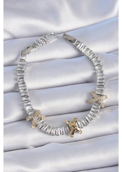 Pirinç Gümüş Renk Taşlı Su Yolu Model Vip Seri Kadın Bileklik