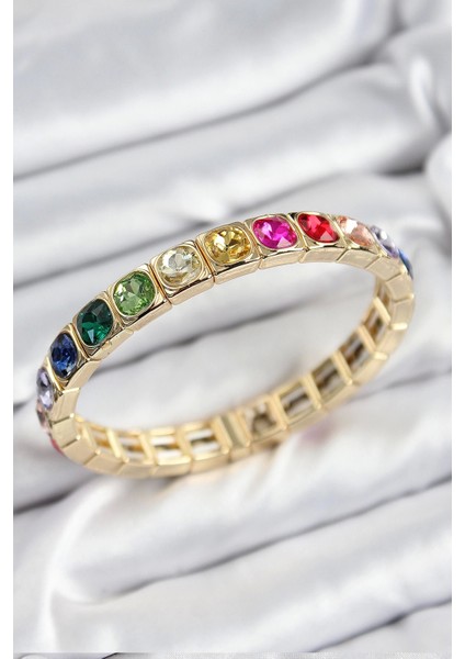 Pirinç Karışık Zirkon Taşlı Kare Model Gold Renk Lastikli Kadın Bileklik