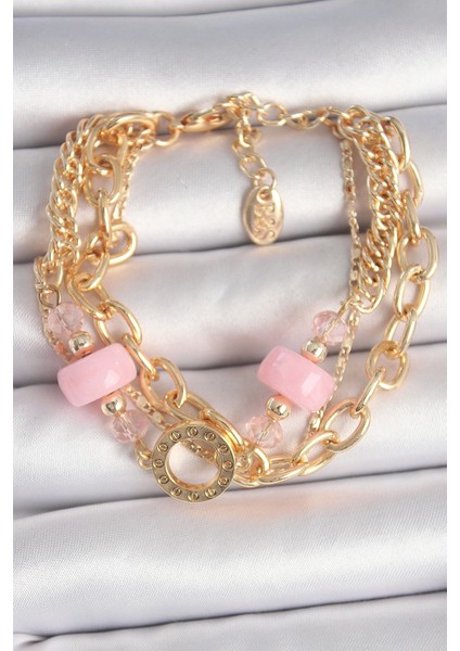Pirinç Gold Renk Çoklu Pembe Taşlı Kadın Bileklik