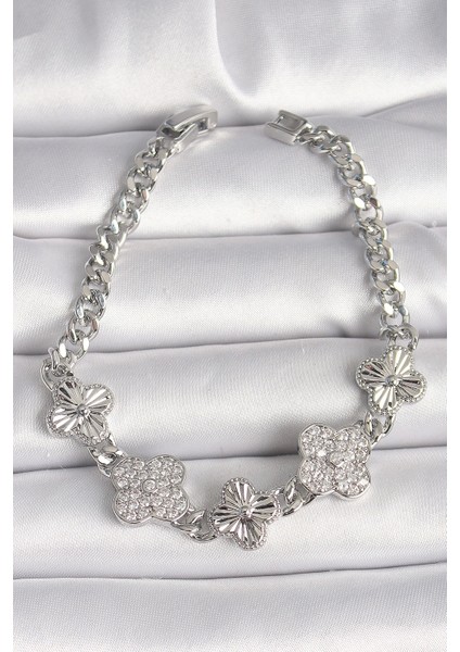 Pirinç Gümüş Renk Zincir Yonca Model Kadın Bileklik