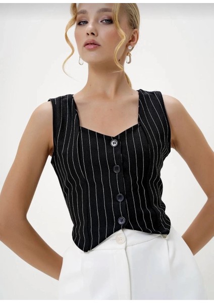 Çizgili Krep Düğmeli Yelek Siyah S3395 indirimleri
