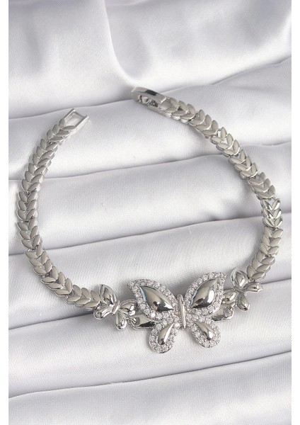 Pirinç Gümüş Renk Zirkon Taşlı Kelebek Model Kadın Bileklik