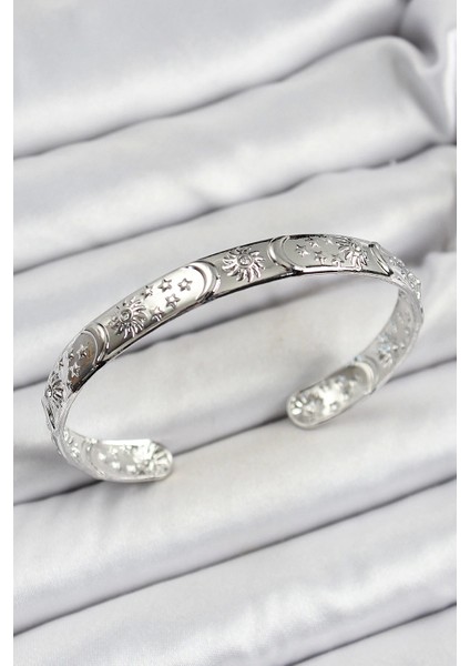 Pirinç Gümüş Renk Işlemeli Altı Açık Bileklik