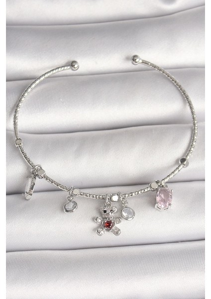 Pirinç Gümüş Renk Sallantı Zirkon Taşlı Ayıcık Figür Kırmızı Taş Detay Charm Kadın Bileklik
