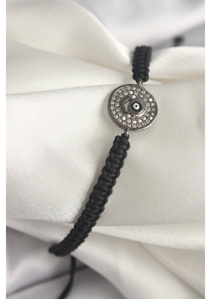 Pirinç Füme Renk Zirkon Taşlı Nazar Boncuk Işleme Makrome Asansörlü Model Kadın Bileklik