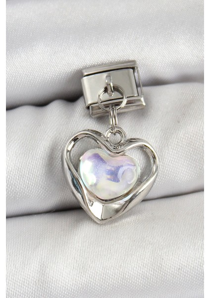 316L Çelik Sallantılı Zirkon Taşlı Kalp Model Gümüş Renk Nomination Charm