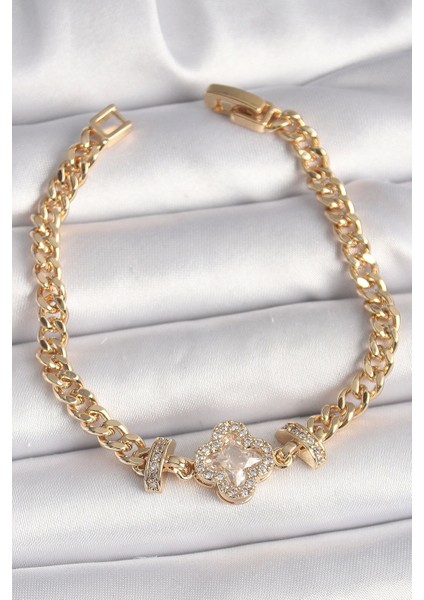 Pirinç Gold Renk Zirkon Taşlı Yonca Figür Zincir Model Kadın Bileklik